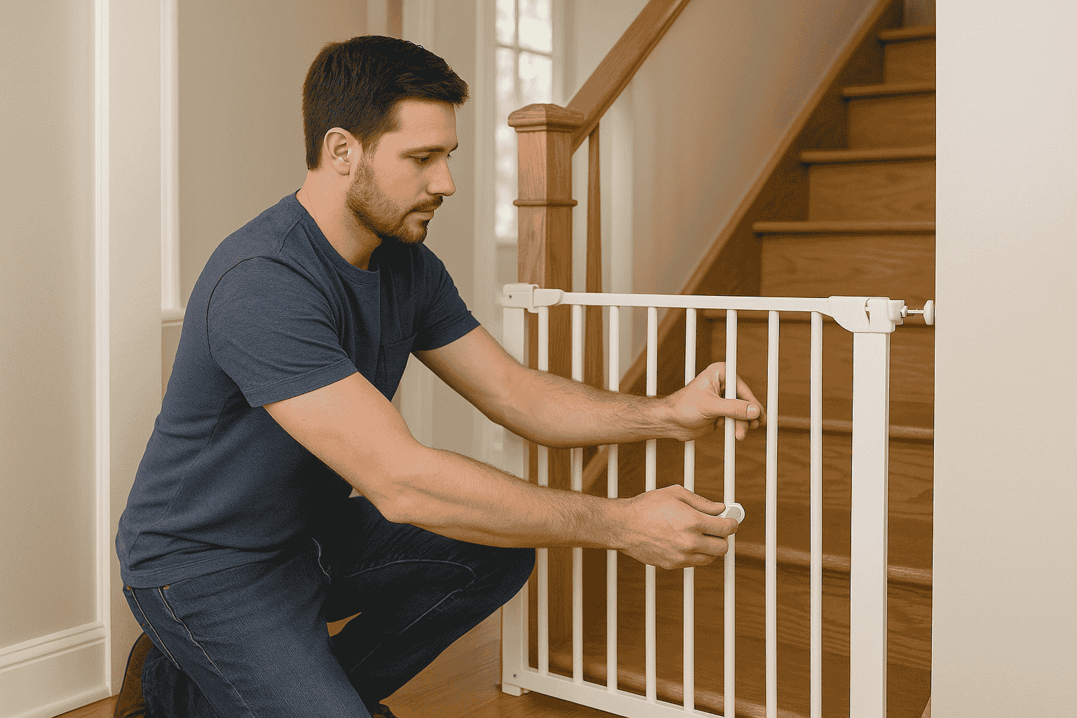 En installatör sätter upp en grind och barnsäkrar hem i Stockholm